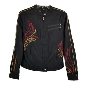Harley Davidson Motorcycle Jacket Full Zip Black Embroidered Fire Red Gold Women